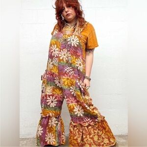 JOPLIN JUMPSUIT Kantha Ruffle Pockets Adjustable Straps Black Red